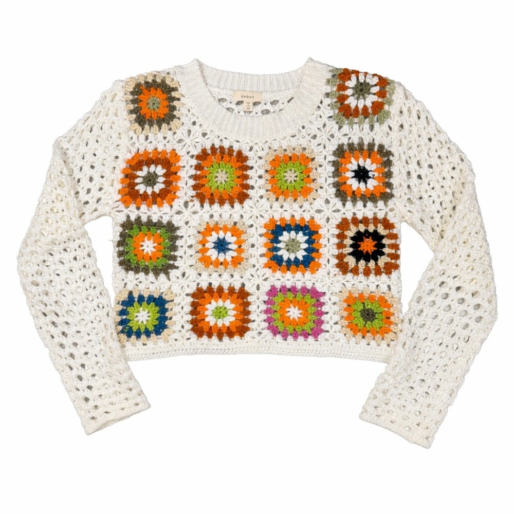 Boho Granny Square Crochet Sweater Cropped Festival Cottagecore Patchwork XS